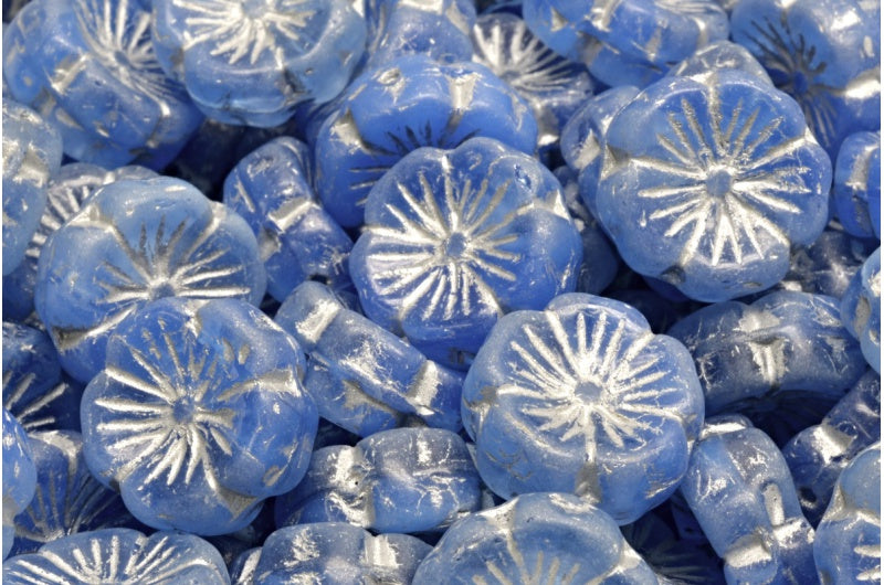 ハワイアンフラワービーズ、オパールブルー透明ブルーシルバーライン（31010-30040-54301）、ガラス、チェコ共和国