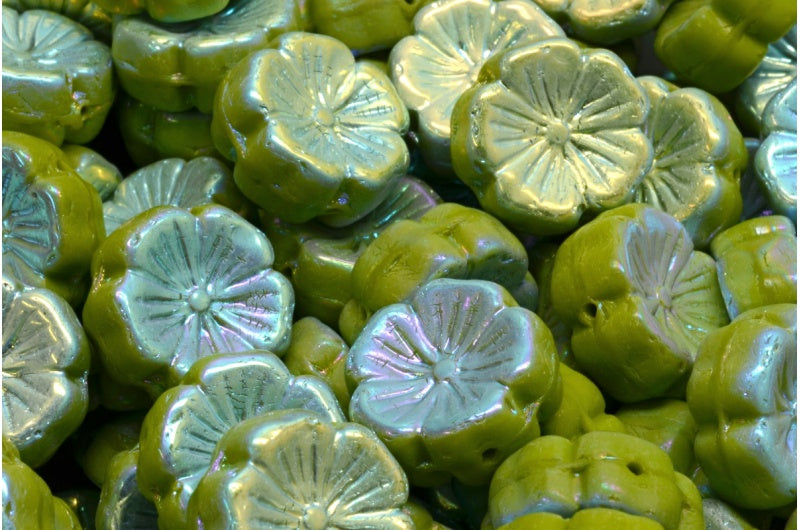 Hawaiian Flower Beads, Green Ab Full (2X Side) (53420-28703), Glass, Czech Republic