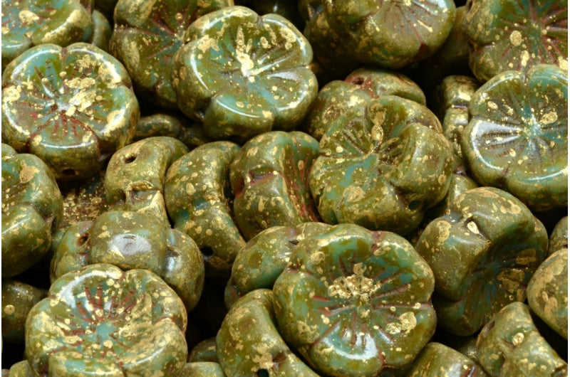 Hawaiian Flower Beads, Blue Travertin Gold Splash (63020-86800-94401), Glass, Czech Republic