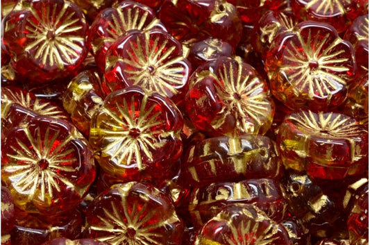 OUTLET 10 Gramm Hawaiianische Blumenperlen, Rubinrot, transparentes Gelbgold, gefüttert (90080-80010-54302), Glas, Tschechische Republik