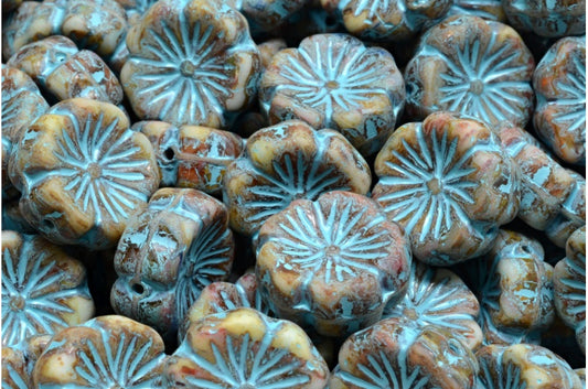 Hawaiian Flower Beads, R0001 Travertin Light Blue Lined (R0001-86800-54308), Glass, Czech Republic