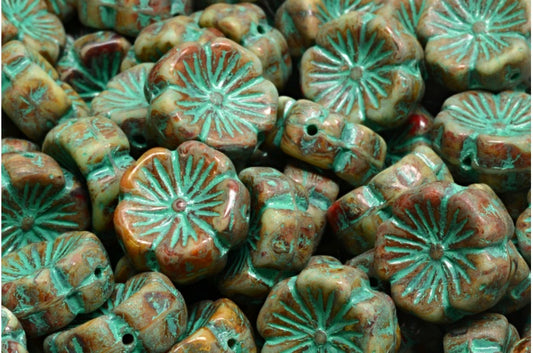 Hawaiian Flower Beads, R0001 Travertin Teal Lined (R0001-86800-54316), Glass, Czech Republic