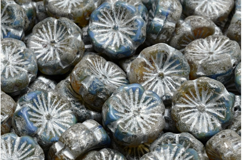 Hawaiian Flower Beads, Blue Travertin Silver Lined (R0342-86800-54301), Glass, Czech Republic