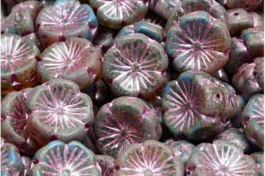 Hawaiian Flower Beads, Blue Travertin Pink Lined (R0342-86800-54321), Glass, Czech Republic