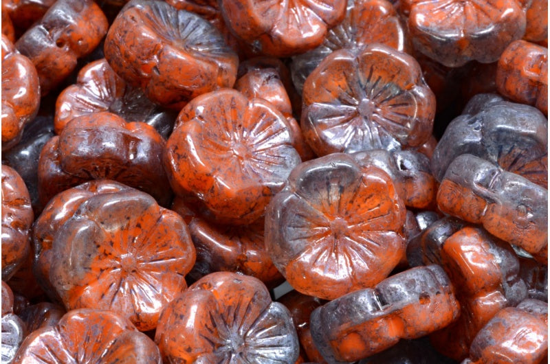 Hawaiian Flower Beads, Orange Terracotta Blue (R0912-15464), Glass, Czech Republic