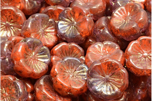 Hawaiian Flower Beads, Orange Terracotta Violet (R0912-15496), Glass, Czech Republic