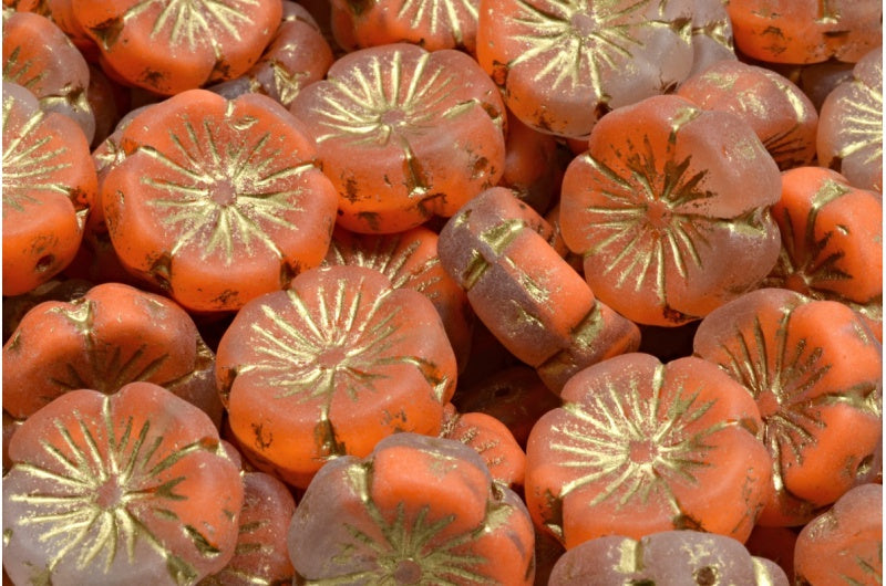 Hawaiian Flower Beads, Orange Matte Gold Lined (R0912-84100-54302), Glass, Czech Republic