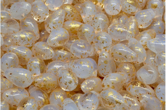 OUTLET 10 grams Drop Beads, 6 x 9 mm, Opal White Crystal Gold Splash (01000-00030-94401), Glass, Czech Republic