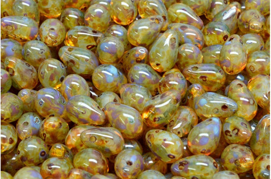 OUTLET 10g Drop Beads, 6 x 9 mm, Opal White Transparent Green Travertin (01000-50800-86800), Glass, Czech Republic