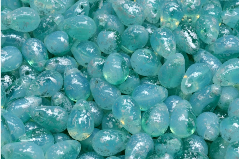 ドロップビーズ、オパールホワイト透明アクアシルバースプラッシュ（01000-60200-94400）、ガラス、チェコ共和国