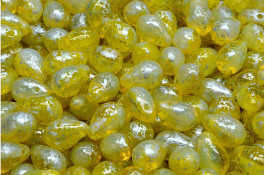 OUTLET 10 Gramm Tropfenperlen, Opalweiß Transparent Gelb Silber Splash (01000-80020-94400), Glas, Tschechische Republik