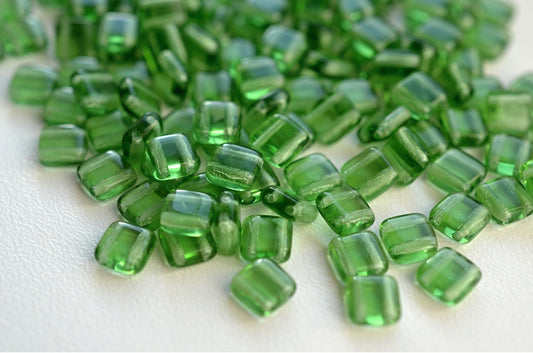 2-Holes Pressed Tile Beads, Transparent Green (50570), Glass, Czech Republic