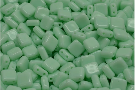 2-Holes Pressed Tile Beads, Opaque Green (53100), Glass, Czech Republic