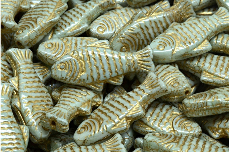 Große Fischperlen, weiß glänzend, grün, voll beschichtet, mit Gold ausgekleidet (02010-14457-54302), Glas, Tschechische Republik