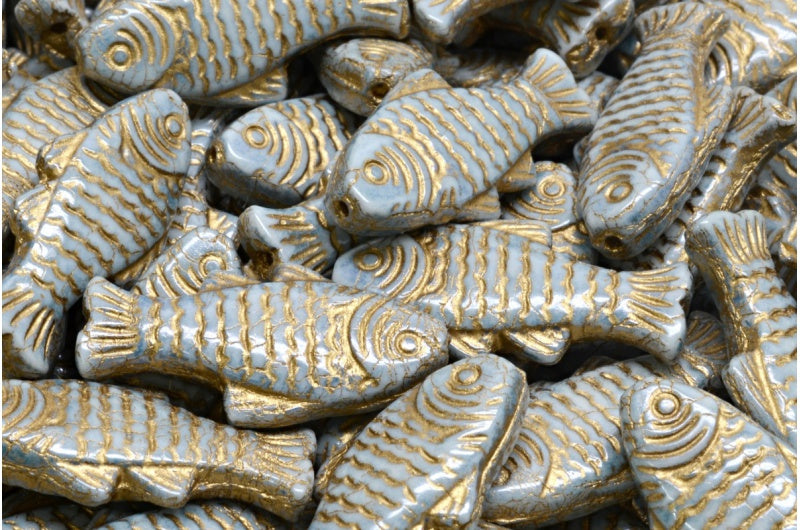 Große Fischperlen, weiß glänzend blau, voll beschichtet, mit Gold ausgekleidet (02010-14464-54302), Glas, Tschechische Republik