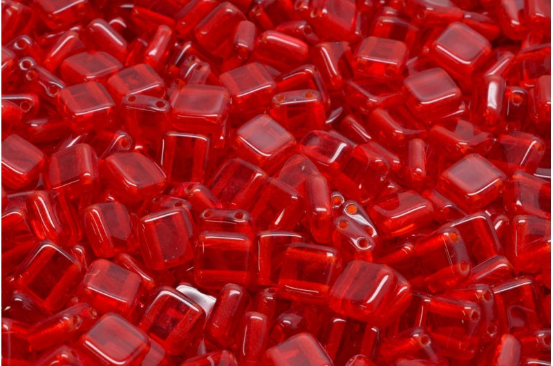 2-Holes Pressed Tile Beads, Ruby Red (90080), Glass, Czech Republic