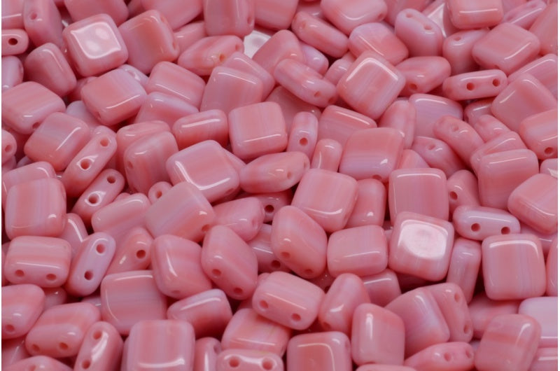 2-Holes Pressed Tile Beads, Opaque Pink Opaque Pink (73010-73030), Glass, Czech Republic