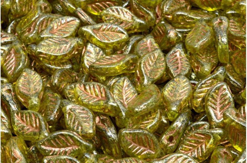 Bay Leaf Beads, Transparent Green Copper Lined Light Yellow (50220-54307-34302), Glass, Czech Republic