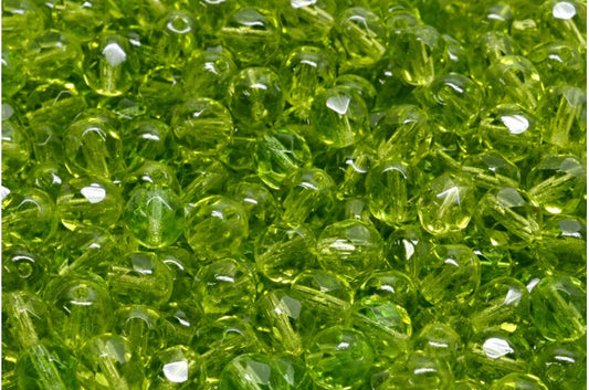出口 150 克圆形刻面火抛光珠，透明绿色 (50220)，玻璃，捷克共和国