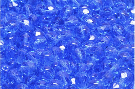 ファセット加工ラウンドファイヤーポリッシュビーズ、透明ブルー (30040)、ガラス、チェコ共和国