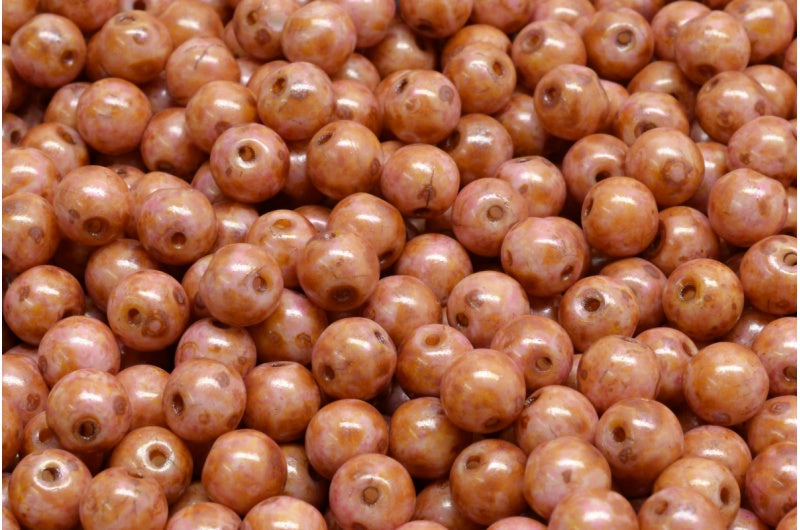 Top Hole Round Beads, White Orange Pink Luster Spotted (02010-65307), Glass, Czech Republic