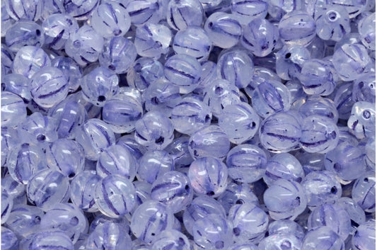 Melon Beads, White Blue Lined (R0201-54325), Glass, Czech Republic