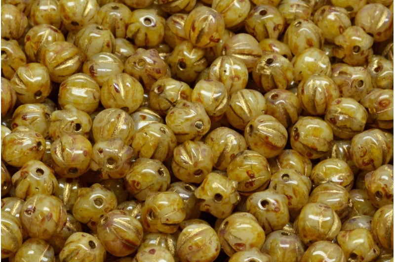 Melon Beads, White Travertin Gold Lined (R0201-86800-54302), Glass, Czech Republic