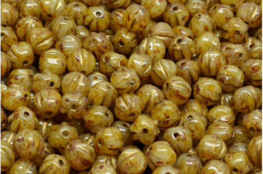 Melonenperlen, Weißer Travertin mit Goldeinlage (R0201-86800-54302), Glas, Tschechische Republik