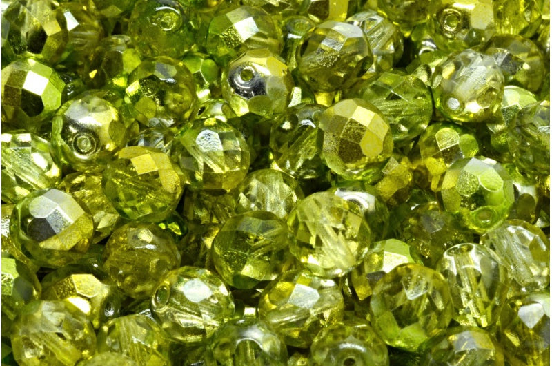 ファセット加工ラウンドファイアポリッシュビーズ、クリスタルグロッシーグリーンイエロー（00030-48226）、ガラス、チェコ共和国