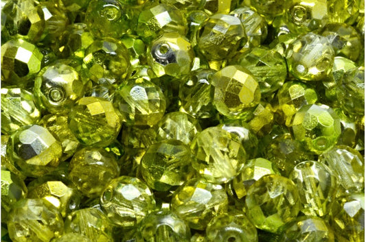ファセット加工ラウンドファイアポリッシュビーズ、クリスタルグロッシーグリーンイエロー（00030-48226）、ガラス、チェコ共和国