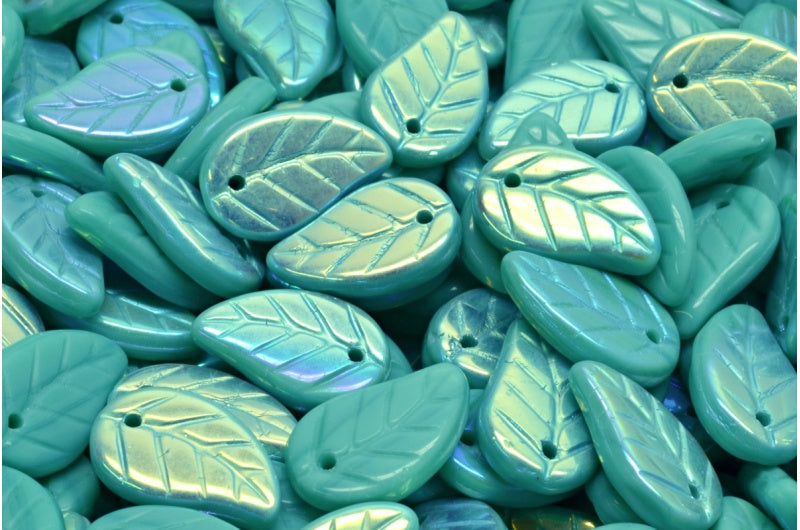 Leaf Pendant Beads, Turquoise Ab (63130-28701), Glass, Czech Republic