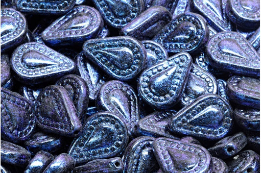 OUTLET 10 grams Filigree Teardrop Beads, Black Blue Iridiscent (23980-86966), Glass, Czech Republic