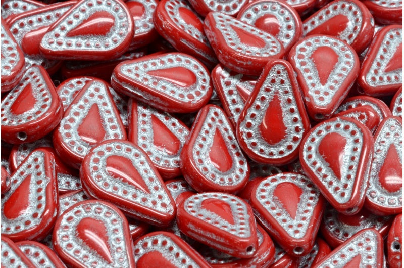 Filigree Teardrop Beads, Opaque Red Silver Lined (93200-54301), Glass, Czech Republic