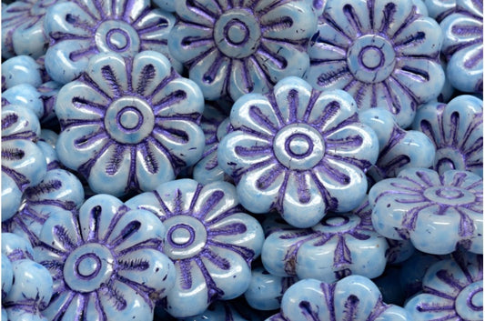 Daisy Flower Bead, White 43810 Light Blue (02010-43810-34307), Glass, Czech Republic