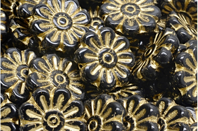 Daisy Flower Bead, Black Gold Lined (23980-54302), Glass, Czech Republic