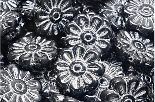 Daisy Flower Bead, Black Silver Lined (23980-54301), Glass, Czech Republic