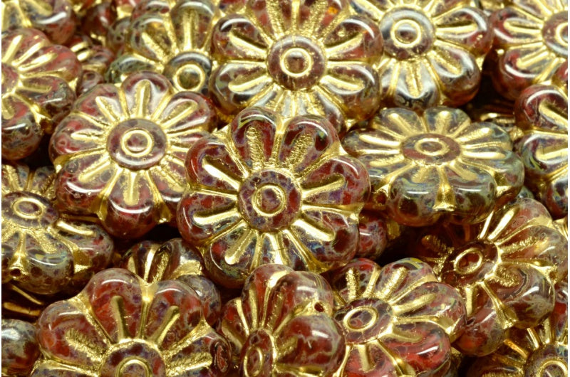 Daisy Flower Bead, R0932 Travertin Gold Lined (R0932-86800-54302), Glass, Czech Republic