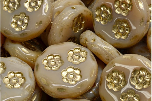 Pressed Beads, Beige Gold Lined (11111-54302), Glass, Czech Republic