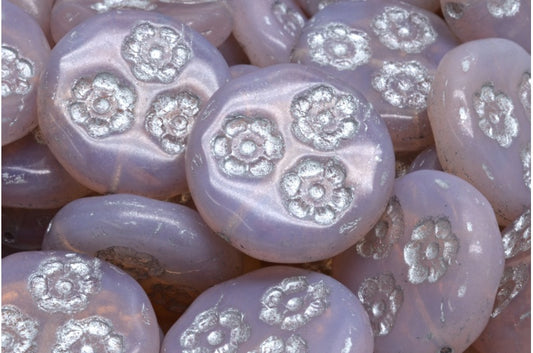 OUTLET 10 grams Flat Round Coin Beads With 3 Flowers, 21 x 21 mm, Opal Pink Silver Lined (71111-54301), Glass, Czech Republic