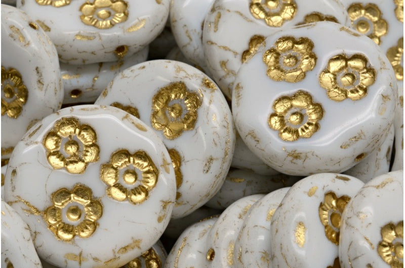 OUTLET 10 grams Flat Round Coin Beads with 3 Flowers, 21 x 21 mm, Chalk White Gold Lined (03000-54302), Glass, Czech Republic