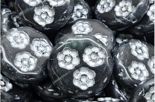 OUTLET 10 grams Flat Round Coin Beads With 3 Flowers, 21 x 21 mm, Pale Blue Silver Lined (30310-54301), Glass, Czech Republic