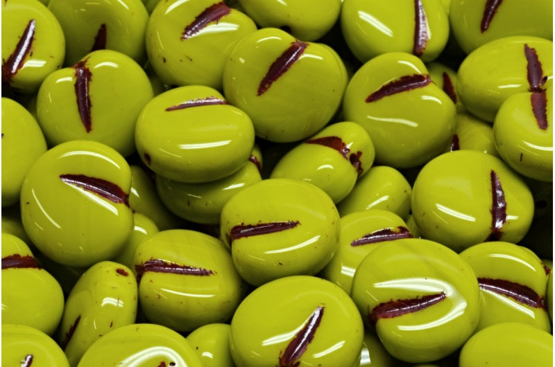 Pressed Beads, Opaque Green Red Lined (53400-54314), Glass, Czech Republic