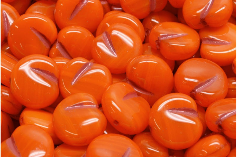 Pressed Beads, Orange Red Lined (81260-54310), Glass, Czech Republic