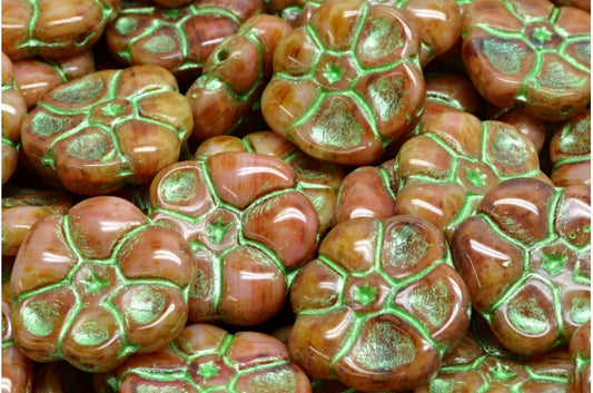 Primrose flower beads, White Red Travertin 43813 (R2932-86800-43813), Glass, Czech Republic