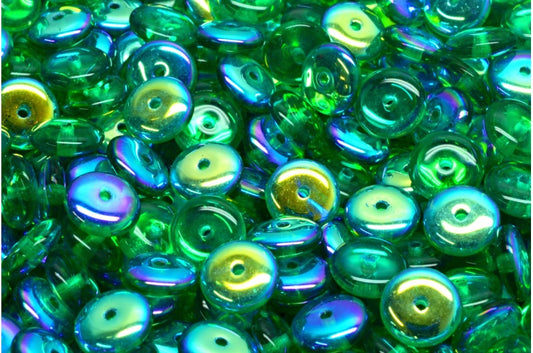 Space Disk Beads, Transparent Green Emerald Ab (50720-28701), Glass, Czech Republic