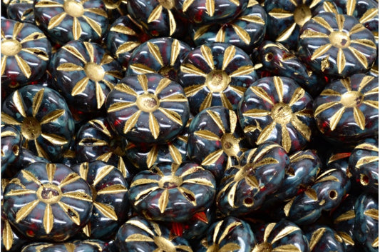 Sunflower Beads, Ruby Red Travertin Gold Lined (90080-86800-54302), Glass, Czech Republic