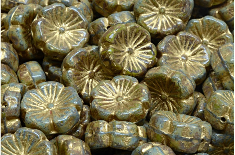 Hawaiian Flower Beads, Green Travertin Gold Lined (53420-86800-54302), Glass, Czech Republic