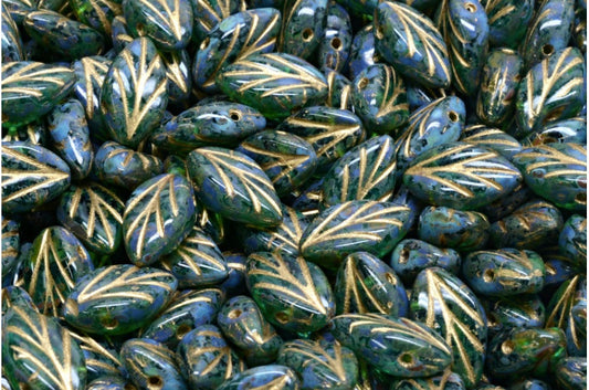 Beech Leaf Beads, Transparent Green Emerald Travertin Gold Lined (50720-86800-54302), Glass, Czech Republic