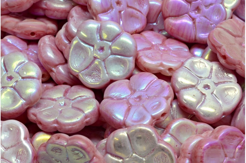 Primrose flower beads, White Red Ab Full (2X Side) (R2932-28703), Glass, Czech Republic