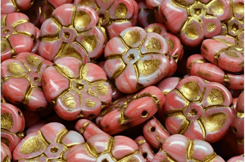 Primrose flower beads, White Red Bronze Lined (R2932-54317), Glass, Czech Republic